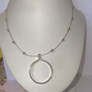 Silver Toned Necklace Wire Spacer Beads 1.7” Pendant Silver Tone Circle 15”Chain